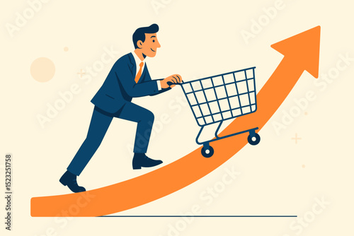 Businessman pushing shopping cart up growth arrow. Sales increase, business journey concept. E-commerce success, retail development, financial progress, and upward market trend illustration.