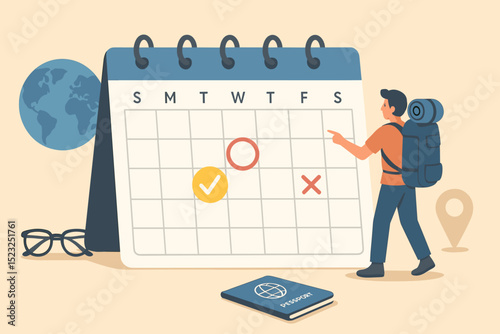 Miniature backpacker plans big adventure, pointing at calendar. Global travel, vacation scheduling with passport, globe, location pin. Trip organization, journey booking vector illustration.