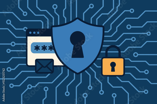 Cybersecurity circuit protection concept with shield, padlock, password login. Digital data security, network defense, internet privacy, information technology, online safety illustration.