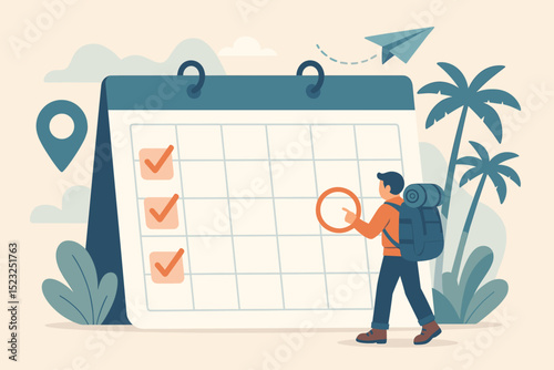 Miniature backpacker plans adventure. Man marks date on giant calendar. Travel, vacation schedule, holiday booking, journey organization. Tourist itinerary, checklist, destination. Flat vector art.