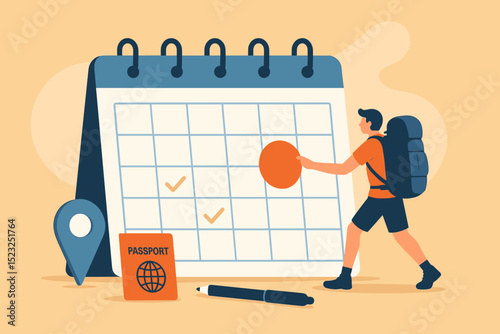 Vacation planning vector illustration. Backpacker tourist man scheduling travel on a big calendar. Trip organization, booking journey, marking date for holiday adventure.