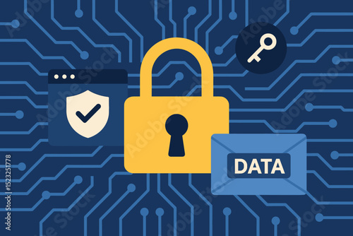 Cybersecurity vector illustration. Padlock, shield, key on circuit symbolizing data protection, network security, information privacy. Digital safety, online defense, tech concept background.