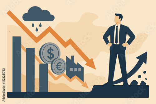 Economic resilience concept. Businessman navigating financial crisis and market recession. Strategy for recovery, growth, and stability amid falling currency, industry decline. Investment chart.