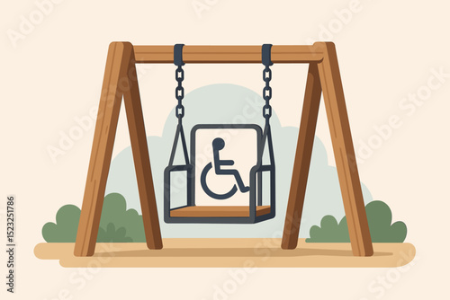 Inclusive swing design for wheelchair users. Accessible playground equipment, adapted for disability and special needs. Park fun, outdoor recreation. Accessibility symbol, inclusion, equality. Vector.