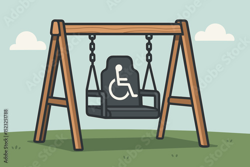 Wheelchair accessible swing on a playground. Inclusive design for disabled children. Special needs park equipment. Vector icon for accessibility, equality, and adaptive recreation.