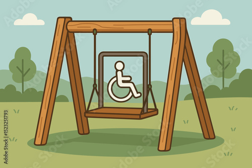 Wheelchair accessible swing in park illustration. Inclusive design for playground equipment promoting equality, outdoor fun, and accessible recreation for individuals with disabilities.