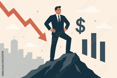 Economic resilience. Businessman overcoming crisis. Financial downturn. Leadership success. Mountain peak strategy. Market recovery. Business growth. Profit chart. Dollar sign. Finance concept.