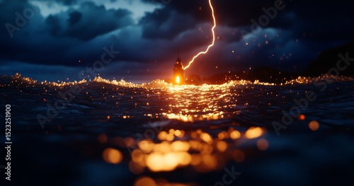 Lightning Strikes Near a Lighthouse During a Storm at Night