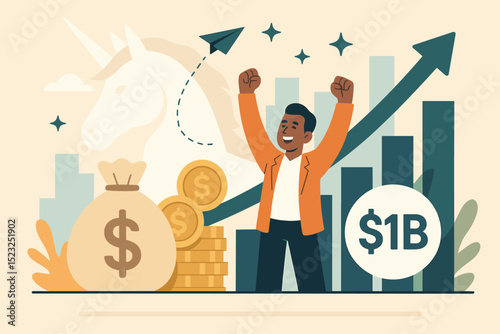Unicorn startup success celebration. Entrepreneur achieving billion dollar valuation. Financial growth, investment triumph, company milestone, market leader, business goal concept. Vector.