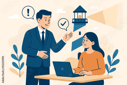 Business mentor providing guidance to success for woman at laptop. Lighthouse symbolizes vision, leadership, and clear direction. Concept of coaching, support, problem-solving, and achievement.