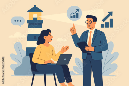 Business mentor for guidance and success. Leadership coaching for career growth. Manager explains strategy with chart. Lighthouse metaphor for direction, vision and support.