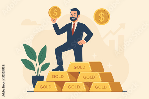 Businessman investor success. Gold bars stack. Dollar coin. Wealth accumulation. Financial growth. Market profit. Business achievement. Finance concept. Rich character. Vector illustration.