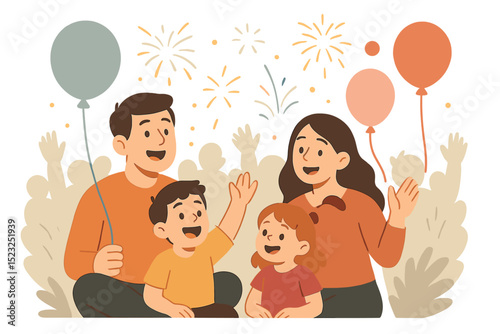 Happy family with children enjoying festival fireworks and balloons. Parents, son, and daughter celebrating together at an outdoor event. Joyful holiday moment with crowd. Vector illustration.