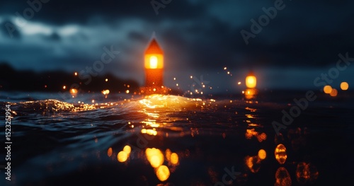 Lighthouses Illuminate the Dark Waters During a Stormy Evening at the Coast