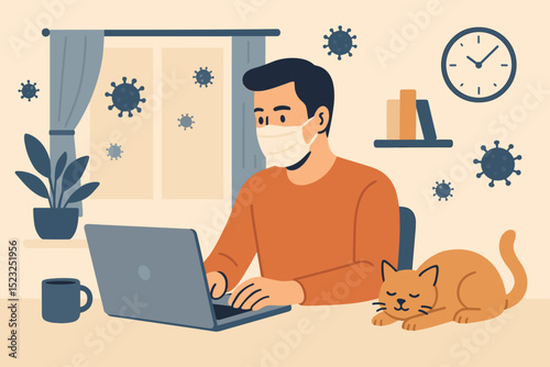 Man working from home on laptop with cat during pandemic. Cozy home office, face mask, virus icons. Remote work, quarantine, online job, freelancer lifestyle. Health and safety concept vector.