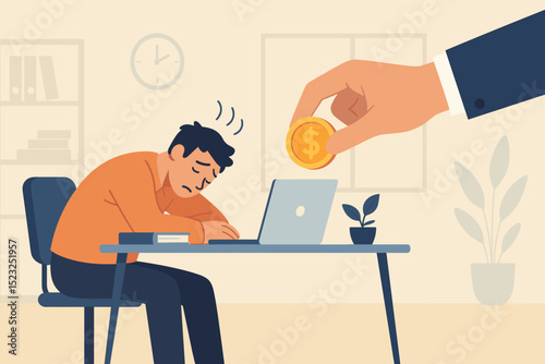 Financial incentive boosting employee motivation. Tired office worker receiving money bonus for better productivity. Concept of salary reward, performance pay, and overcoming burnout. Vector.