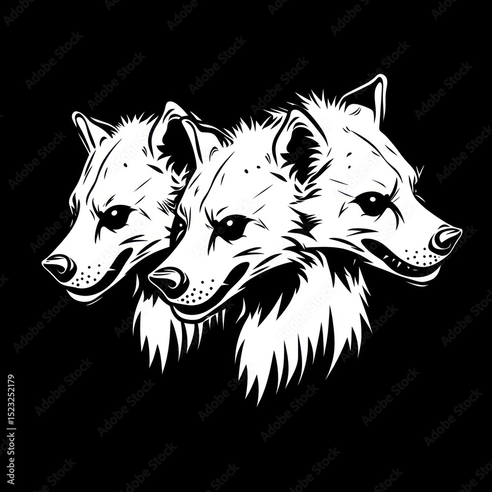 Fototapeta premium Two stylized wolf heads, side profile, white on black