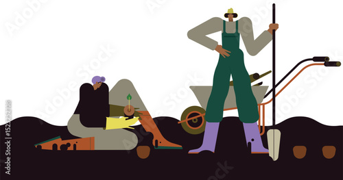 Planting and tree care concept. Man and woman seedlings, growing and harvesting. The concept of cooperation and care for the environment.