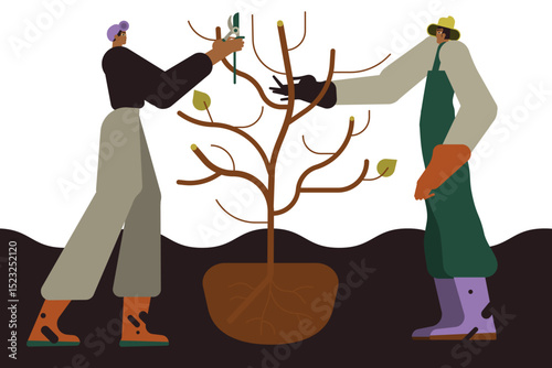 Planting and tree care concept. Man and woman seedlings, growing and harvesting. The concept of cooperation and care for the environment.