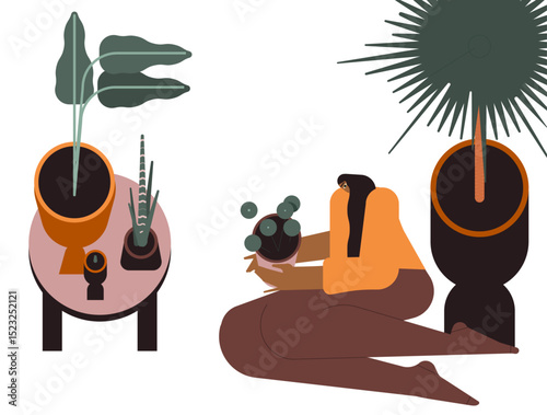 Woman takes care of indoor plants growing in pots. Young pretty woman grows indoor plants at home. The female character enjoys her hobby. Flat cartoon colorful illustration.