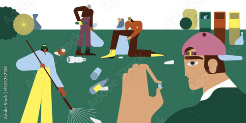 People clean the park from garbage. A group of people collects and rakes plastic trash and collects it in garbage bags. A team of environmental volunteers during the cleanup of the environment. 