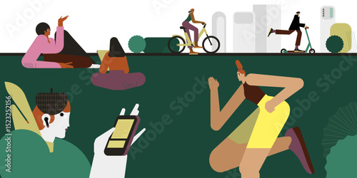 People spend time in nature. Active adults ride bikes, jog and play in the park. Colorfull vector illustration.