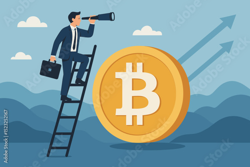 Businessman climbing Bitcoin ladder. Cryptocurrency investment. Financial growth concept. Digital currency. Telescope vision. Future success. Market trend. Upward arrows. Blockchain finance. Crypto.