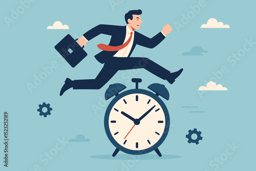 Businessman jump over clock. Time management concept. Deadline rush. Work efficiency. Productivity. Career ambition. Professional success. Urgency. Beat the clock. Fast progress. Business metaphor.