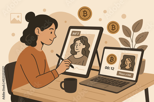 Digital Artist Creating NFT Artwork on Tablet, Cryptocurrency Bitcoin Bidding Auction, Blockchain Technology, Online Marketplace, Modern Illustration, Home Office Workspace Concept