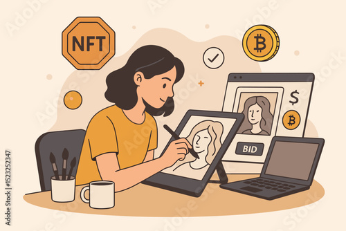 Digital artist creating NFT art on tablet, cryptocurrency payment with Bitcoin, online auction, modern technology, creative process, digital artwork marketplace, blockchain concept illustration