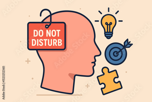 Do Not Disturb Sign on Head Silhouette, Focused Mindset, Creative Problem Solving, Productivity, Innovation, Target Success, Idea Generation, Concentration, Mental Clarity, Puzzle Piece