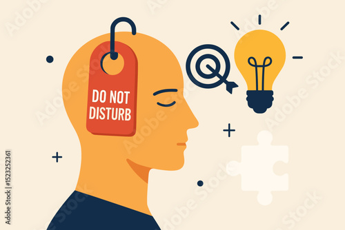 Do Not Disturb Focused Mind Concept. Human Head with Door Sign, Light Bulb Idea, Target, Puzzle Piece. Concentration, Productivity, Mental Health, Creative Brainstorming, No Distractions Symbol