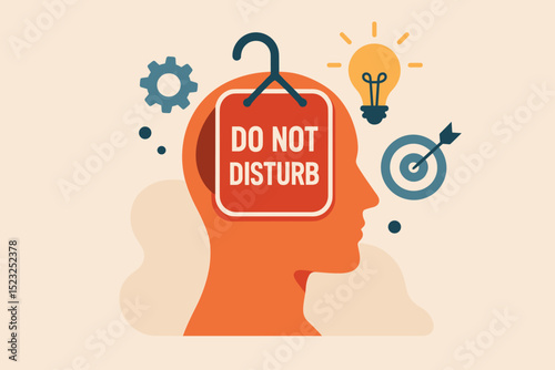 Do Not Disturb Mindset Concept. Human Head Silhouette with Hanging Sign, Light Bulb, Target, Gear. Focus, Productivity, Concentration, Creativity, Mental Block, Workspace, Office Vector Illustration