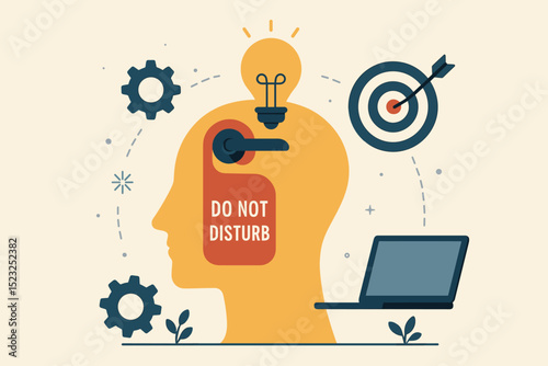 Do Not Disturb Concept, Focused Mindset, Productivity, Creative Thinking, Mental Clarity, Brainstorming, Target Achievement, Innovation, Workspace, Motivation, Cognitive Process, Goal Setting