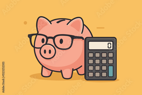 Cute Piggy Bank with Glasses and Calculator. Financial Planning, Smart Budgeting, Savings Account, Money Management, Personal Finance Concept. Adorable Cartoon Illustration on Yellow Background