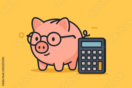 Cute Piggy Bank With Glasses And Calculator. Financial Planning, Budgeting, Money Savings Concept. Cartoon Vector Illustration For Personal Finance, Accounting, Economy, Smart Money Management