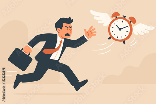 Businessman Running Late Chasing Flying Clock Time Management Deadline Concept, Overworked Office Worker in Suit with Briefcase, Stress, Punctuality, Urgency, Late for Meeting Background Illustration