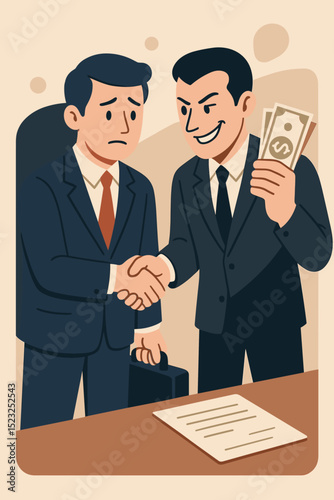 Business Deal Shaking Hands Money Exchange Contract Signing Bribery Corruption Agreement Concept Illustration Two Businessmen Suit Briefcase Dollar Cash Corporate Transaction Vector