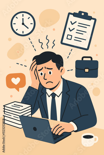 Overworked Businessman Feeling Stressed and Overwhelmed with Time Management Struggles, Workload, and Deadlines. Pressure, Exhaustion, Office Job Burnout