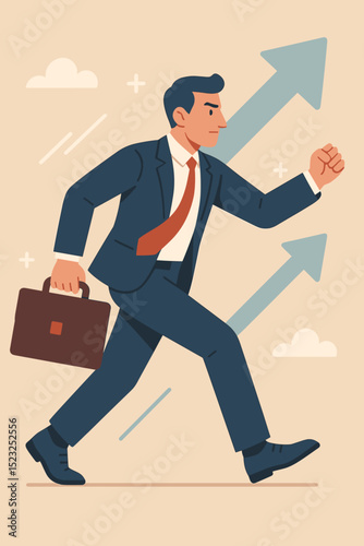 Ambitious businessman running with briefcase, symbolizing career growth, financial success, profit, and business development. Forward movement towards goals.