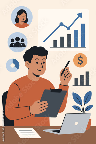 Data-driven marketing insights, business analytics, financial growth strategy, and market research for career development. Man analyzing charts, diagrams, and statistics.