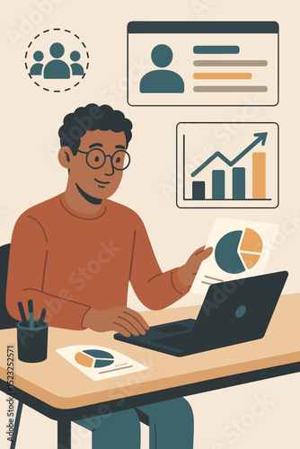 Young male analyst working on data driven marketing insights. Cartoon man developing business strategy, analyzing information, and managing online analytics.