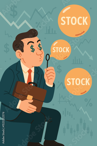 Greedy Investor Blowing Stock Bubbles with Dollar Signs in Eyes, Symbolizing Market Speculation, Economic Downturn, Financial Risk, and Impending Collapse