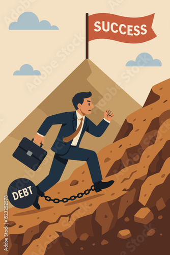 Entrepreneur's resilient journey climbing uphill to success, burdened by debt. Financial challenge, overcoming adversity, business struggle, and overcoming financial difficulties.