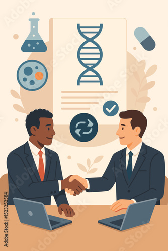 Medical research merger, business deal, partnership, collaboration, and agreement in healthcare and science industry. Two men shaking hands, DNA, flask, pill.