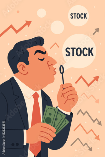 Financial investor businessman blowing stock market bubbles with cash, depicting speculative investment, economic growth, market fluctuations, and potential financial risk concept