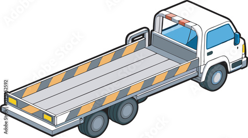 Isometric illustration of a white flatbed tow truck with striped safety markings, isolated on a white background for transportation and roadside assistance concepts