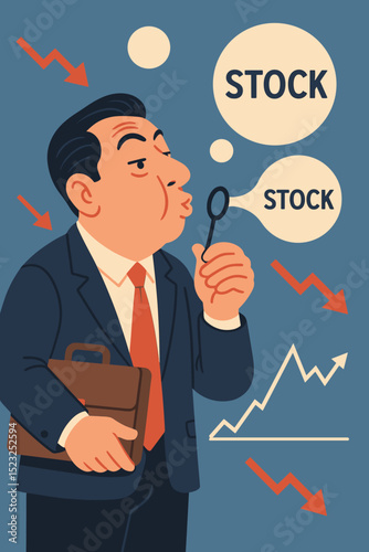 Financial market speculation with an investor blowing stock bubbles, representing risk, overvaluation, and impending collapse or financial crisis. Economic downturn concept.
