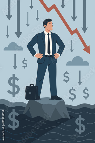 Confident businessman standing firm amidst financial downturn, a symbol of resilience, crisis management, and investment stability during economic recession and market decline