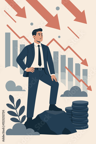 Confident businessman standing firm amidst economic decline, financial crisis, market crash, and business failure, demonstrating resilience, recovery, and stability
